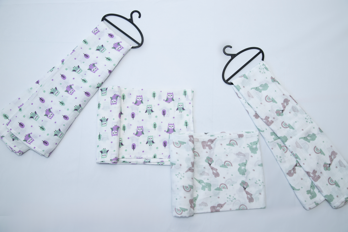 Aloe Vera Swaddles 2 pack - Gentle Owl and Elephant prints - First Time in the US