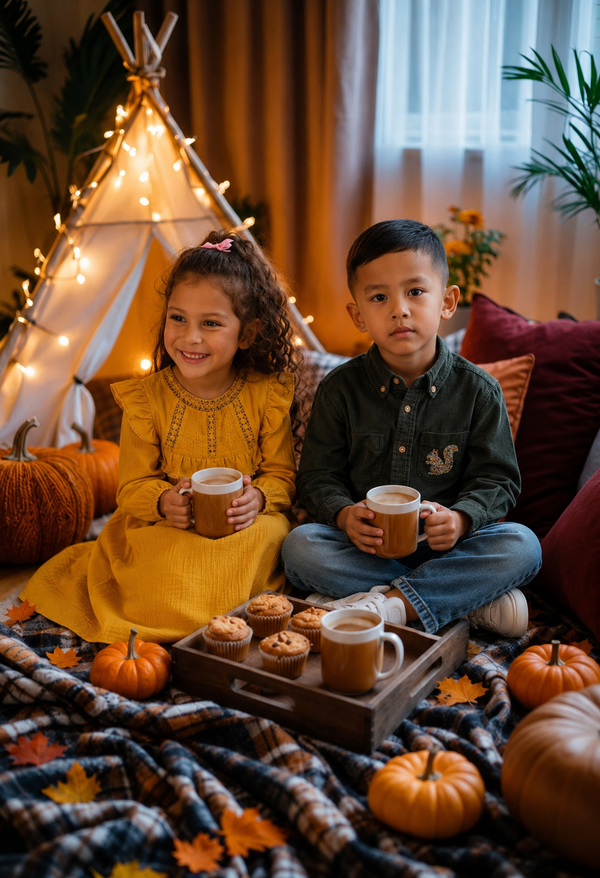 Girl in mustard yellow lace frill dress sips cocoa by pumpkins with her brother, cozy girls fall outfits