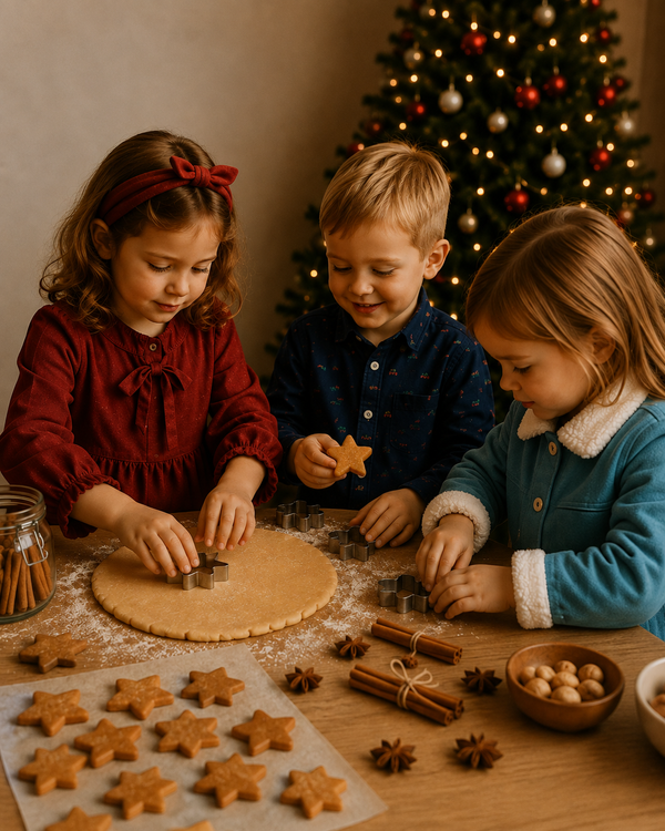 Girl in red corduroy bow dress bakes star cookies with siblings by the tree, festive girls fall outfits
