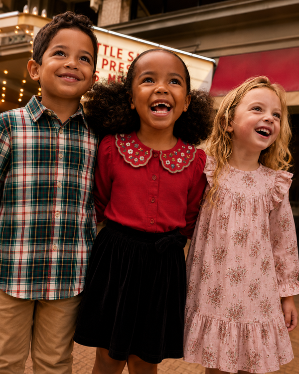 Girl wearing Red Embroidered Collar Girls Top with black velvet skirt, styled with boy in plaid shirt and girl in floral dress
