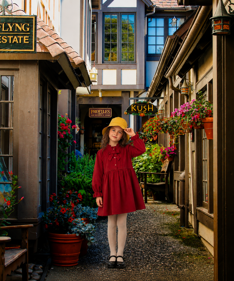 Girl in red corduroy bow dress and yellow hat poses in a quaint village alley, cute toddler girl dresses