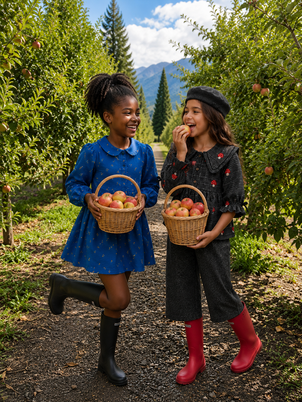 Girls in orchard with apple baskets, one wearing Gold Foil Blue Collar Dress, girls clothes online
