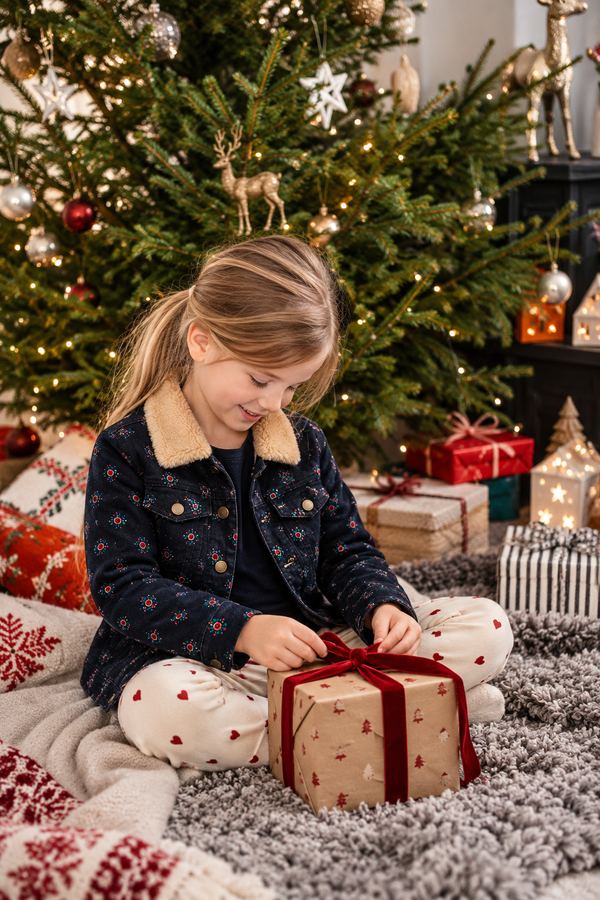 Girl in navy floral sherpa-collar jacket opens a gift by the Christmas tree, cozy girls winter coats