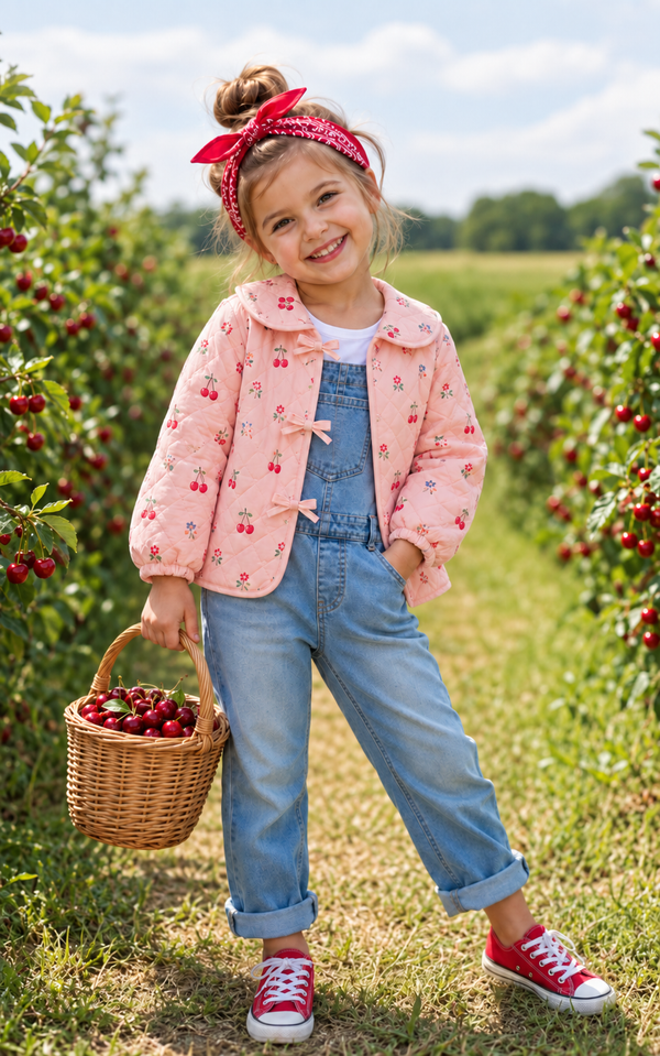 Girl picking cherries in denim overalls and pink quilted jacket, a fun pick from coats for kids