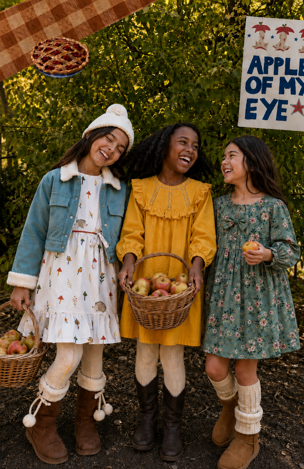 Three girls at apple orchard, one in Sea Green Floral Dress, girls clothes online