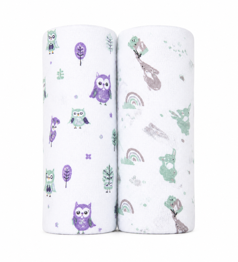 Aloe Vera Swaddles 2 pack - Gentle Owl and Elephant prints - First Time in the US