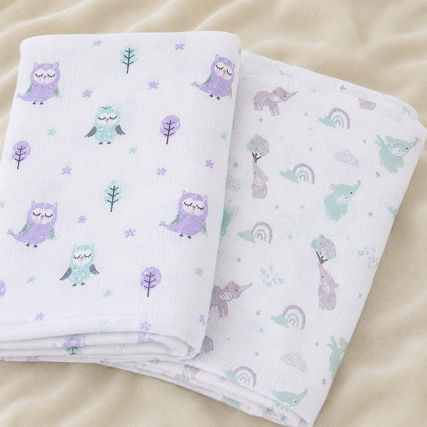 Aloe Vera Swaddles 2 pack - Gentle Owl and Elephant prints - First Time in the US