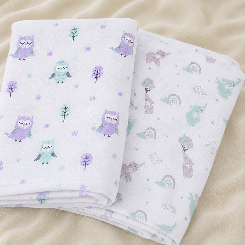 Aloe Vera Swaddles 2 pack - Gentle Owl and Elephant prints - First Time in the US