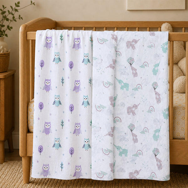Aloe Vera Swaddles 2 pack - Gentle Owl and Elephant prints - First Time in the US