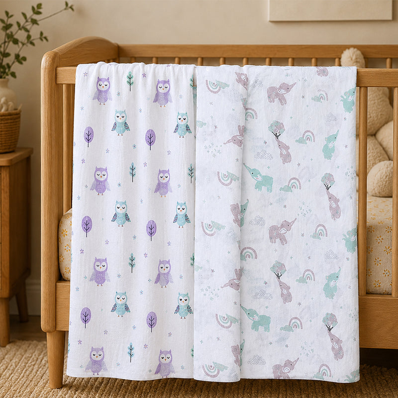 Aloe Vera Swaddles 2 pack - Gentle Owl and Elephant prints - First Time in the US