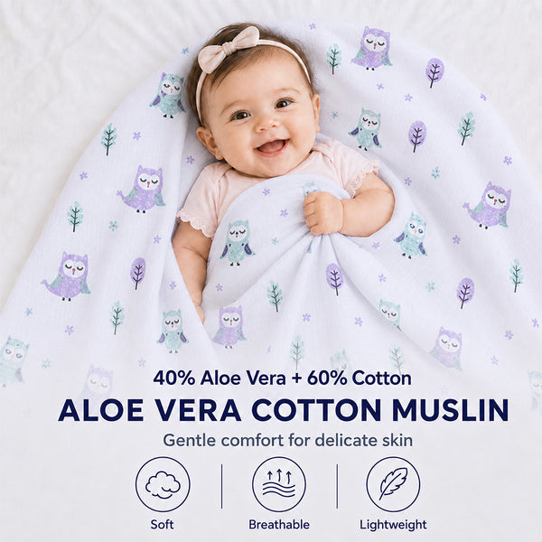 Aloe Vera Swaddles 2 pack - Gentle Owl and Elephant prints - First Time in the US