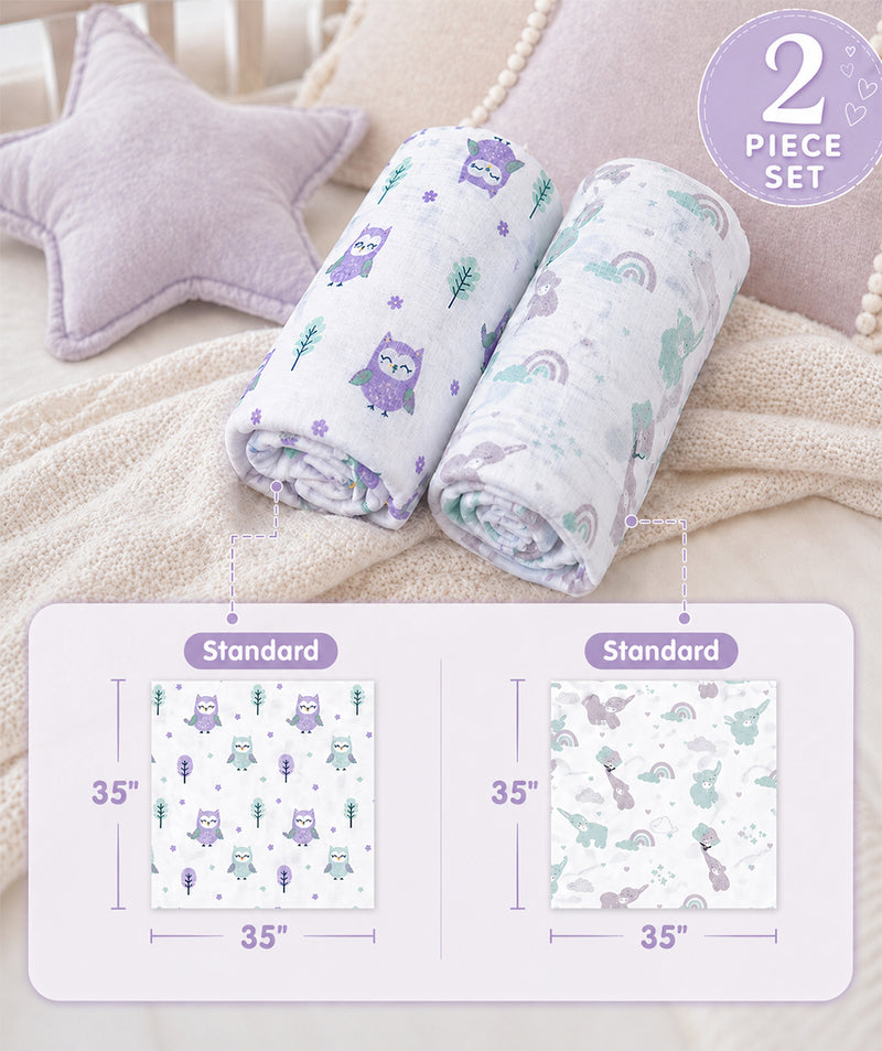 Aloe Vera Swaddles 2 pack - Gentle Owl and Elephant prints - First Time in the US