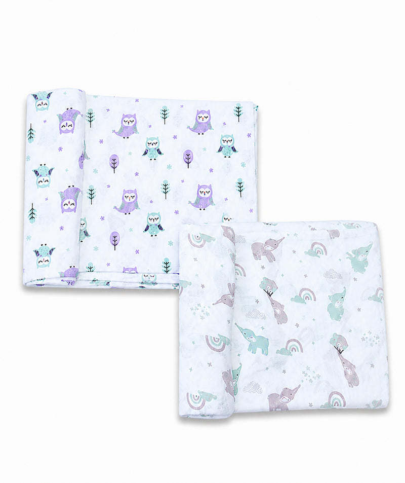 Aloe Vera Swaddles 2 pack - Gentle Owl and Elephant prints - First Time in the US