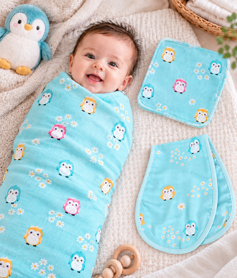 Baby Swaddle, Burp Cloth & Washcloth Set – 3 Piece