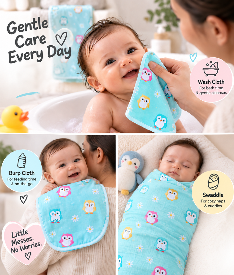 Baby Swaddle, Burp Cloth & Washcloth Set – 3 Piece