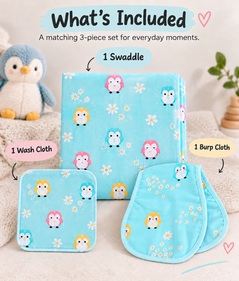Baby Swaddle, Burp Cloth & Washcloth Set – 3 Piece