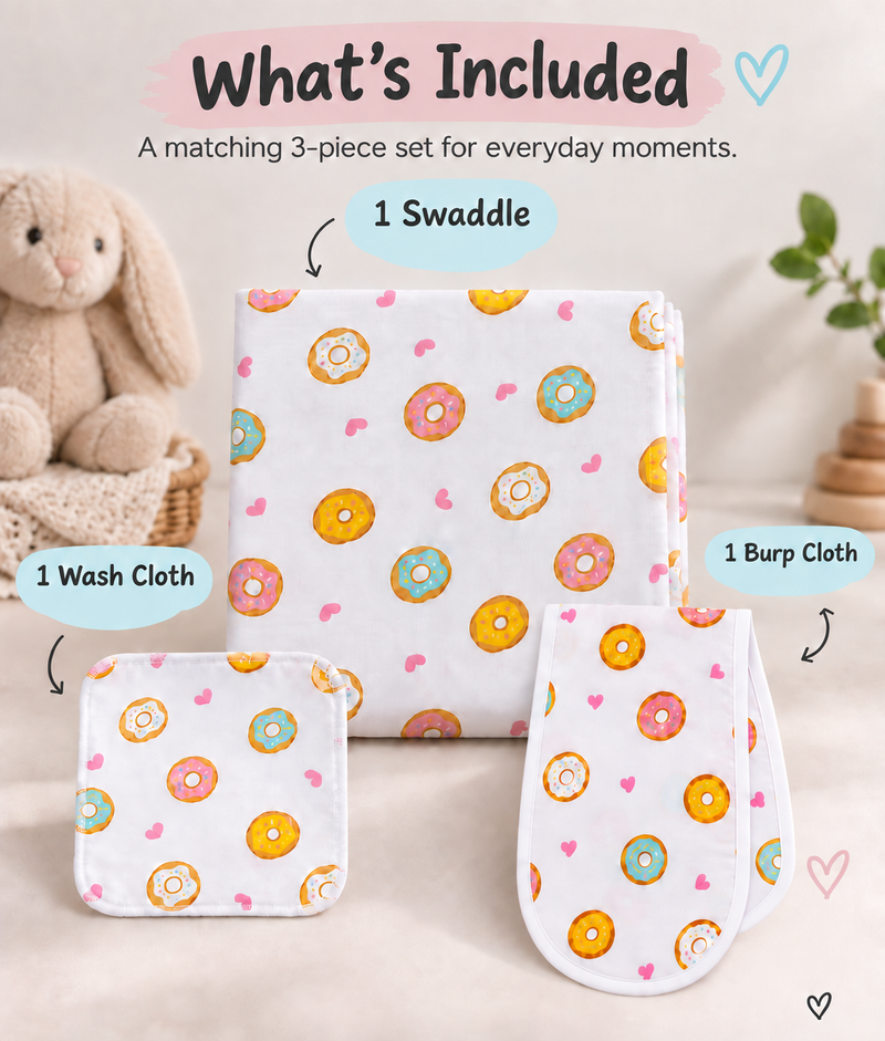 Baby Swaddle, Burp Cloth & Washcloth Set – 3 Piece
