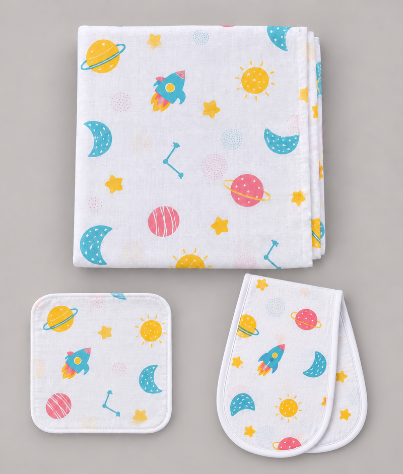 Baby Swaddle, Burp Cloth & Washcloth Set – 3 Piece Newborn