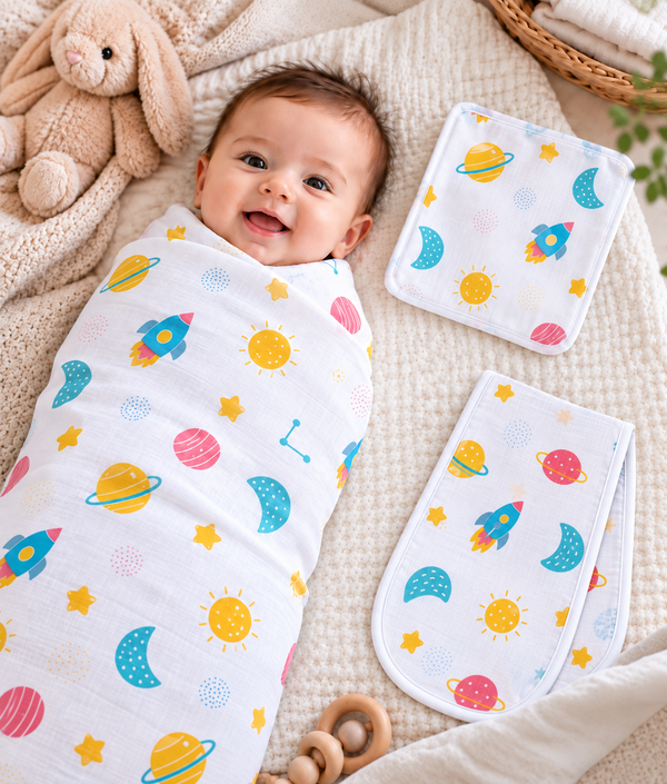 Baby Swaddle, Burp Cloth & Washcloth Set – 3 Piece Newborn