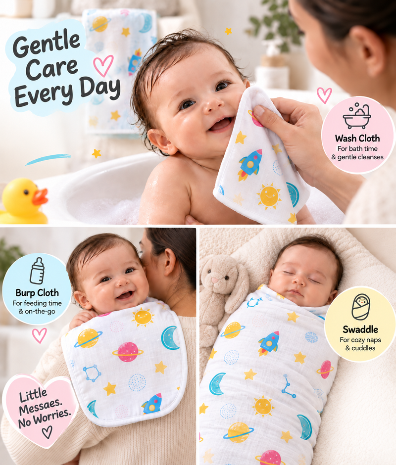 Baby Swaddle, Burp Cloth & Washcloth Set – 3 Piece Newborn
