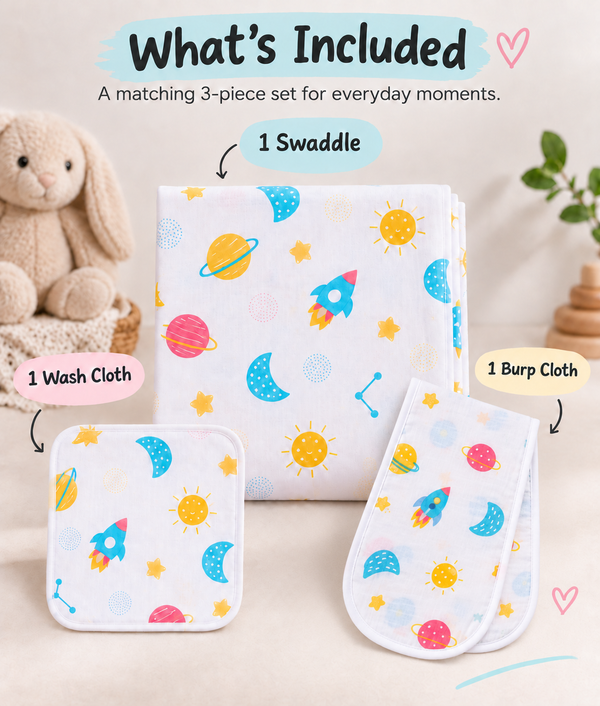 Baby Swaddle, Burp Cloth & Washcloth Set – 3 Piece Newborn