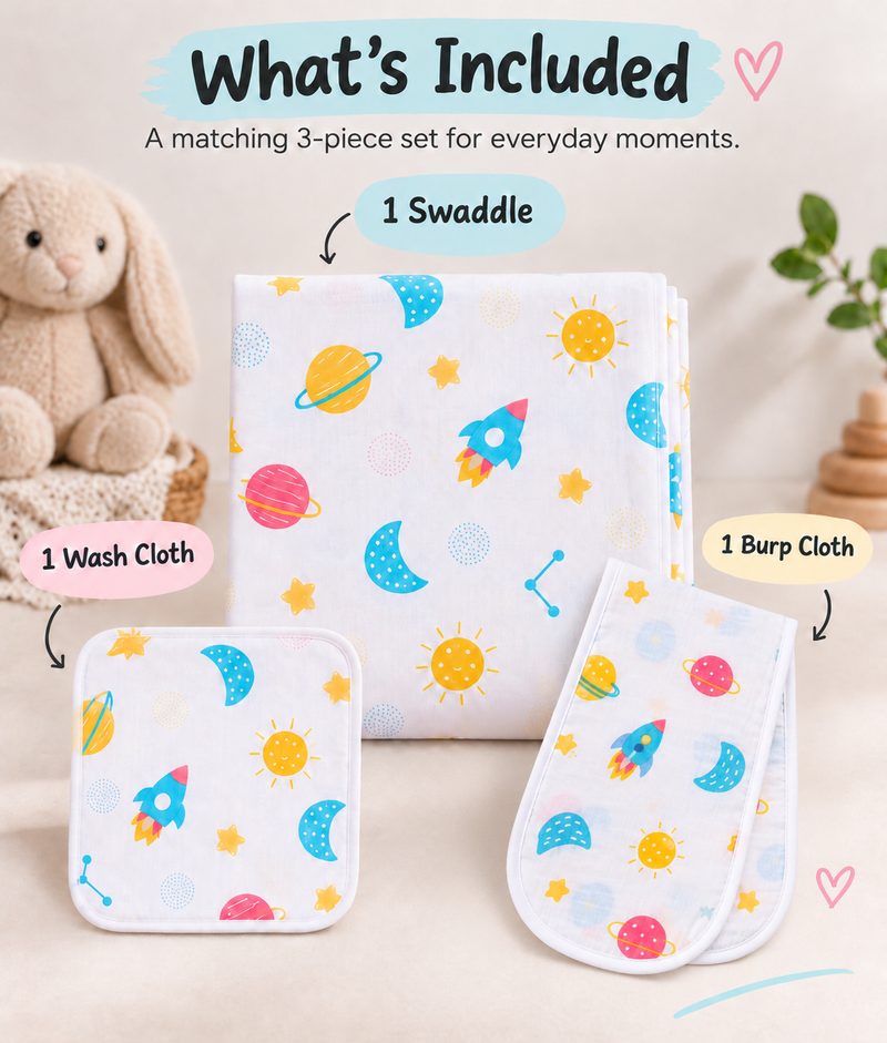 Baby Swaddle, Burp Cloth & Washcloth Set – 3 Piece Newborn