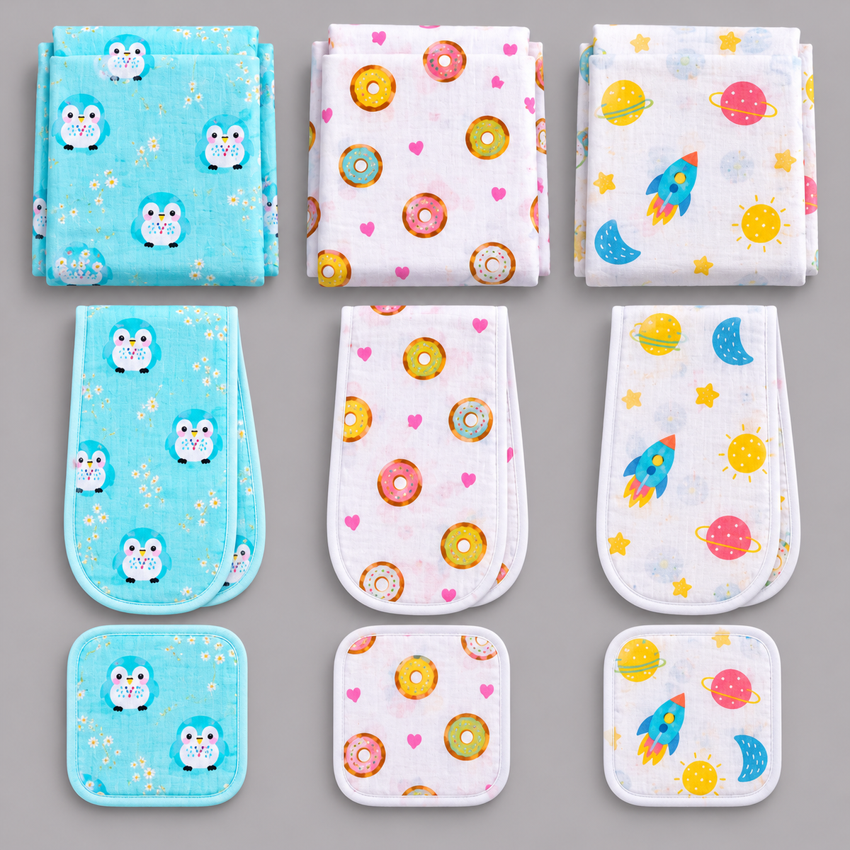 Baby Gift Set – 3 Swaddles, 3 Burp Cloths & 3 Washcloths