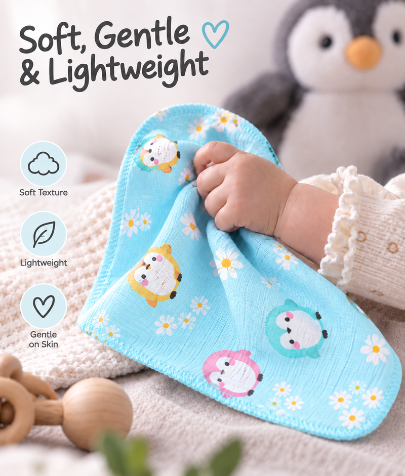 Muslin Cotton Washcloth for Newborns - Penguin Print