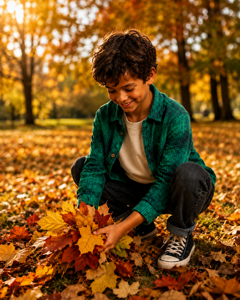 Boy in Green Check Shacket Jacket playing with autumn leaves, cute fall outfits for boys