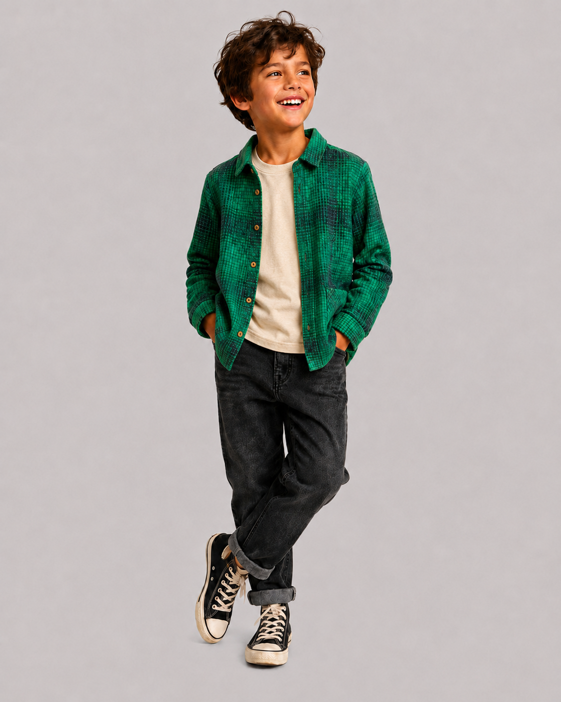 Smiling boy modeling Green Blue Check Cotton Shacket Jacket, trendy boys clothing for kids