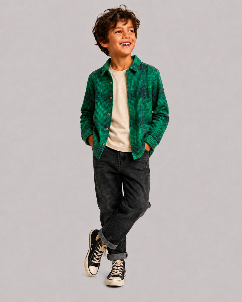 Smiling boy modeling Green Blue Check Cotton Shacket Jacket, trendy boys clothing for kids