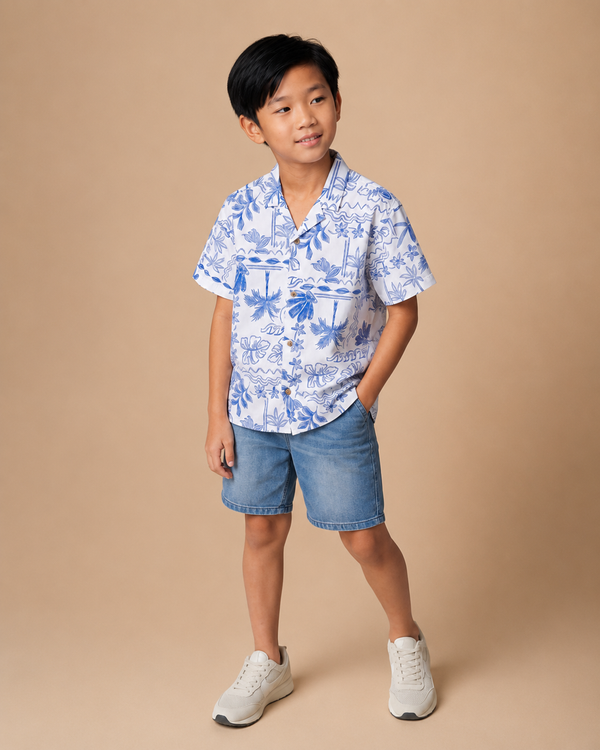 Blue & White Beach Print Shirt