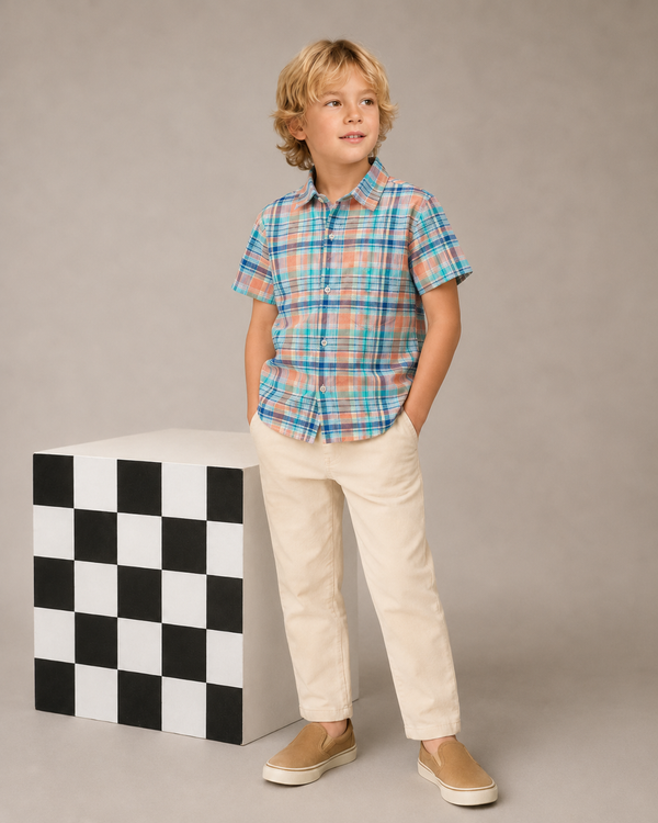Blue & Peach Checks Boat Waves Shirt