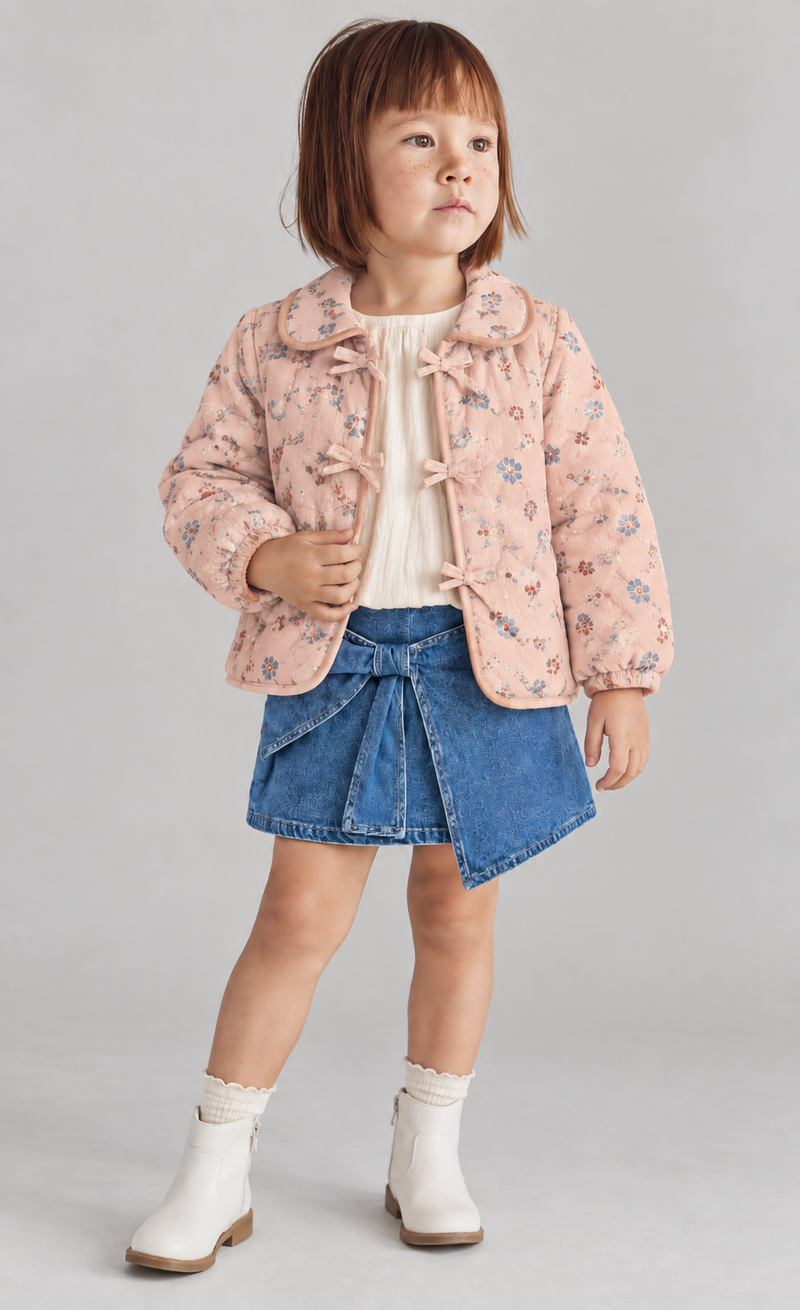 Toddler in dusty pink floral jacket with bow ties, paired with a denim skort, a pretty girls jacket