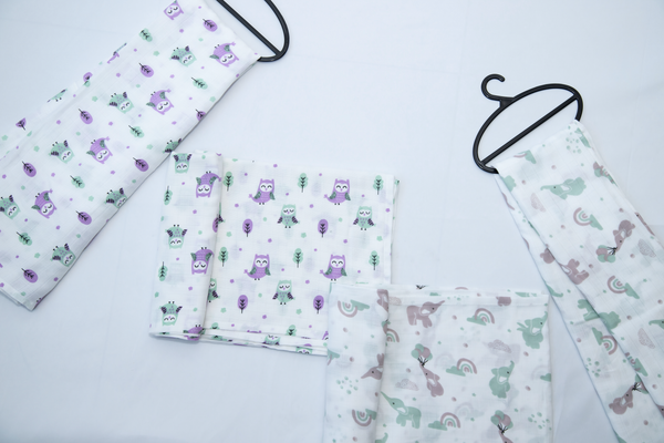 Aloe Vera Swaddles 2 pack - Gentle Owl and Elephant prints - First Time in the US
