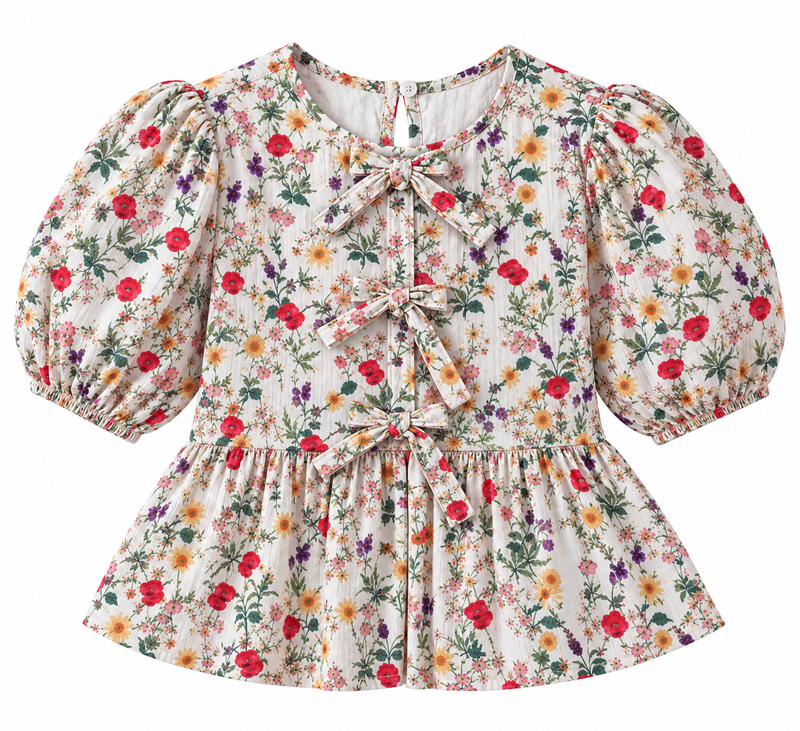 Girls Floral Printed Bow Top