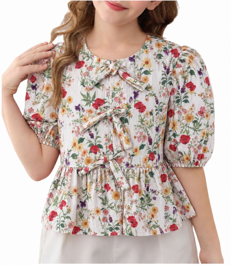 Girls Floral Printed Bow Top