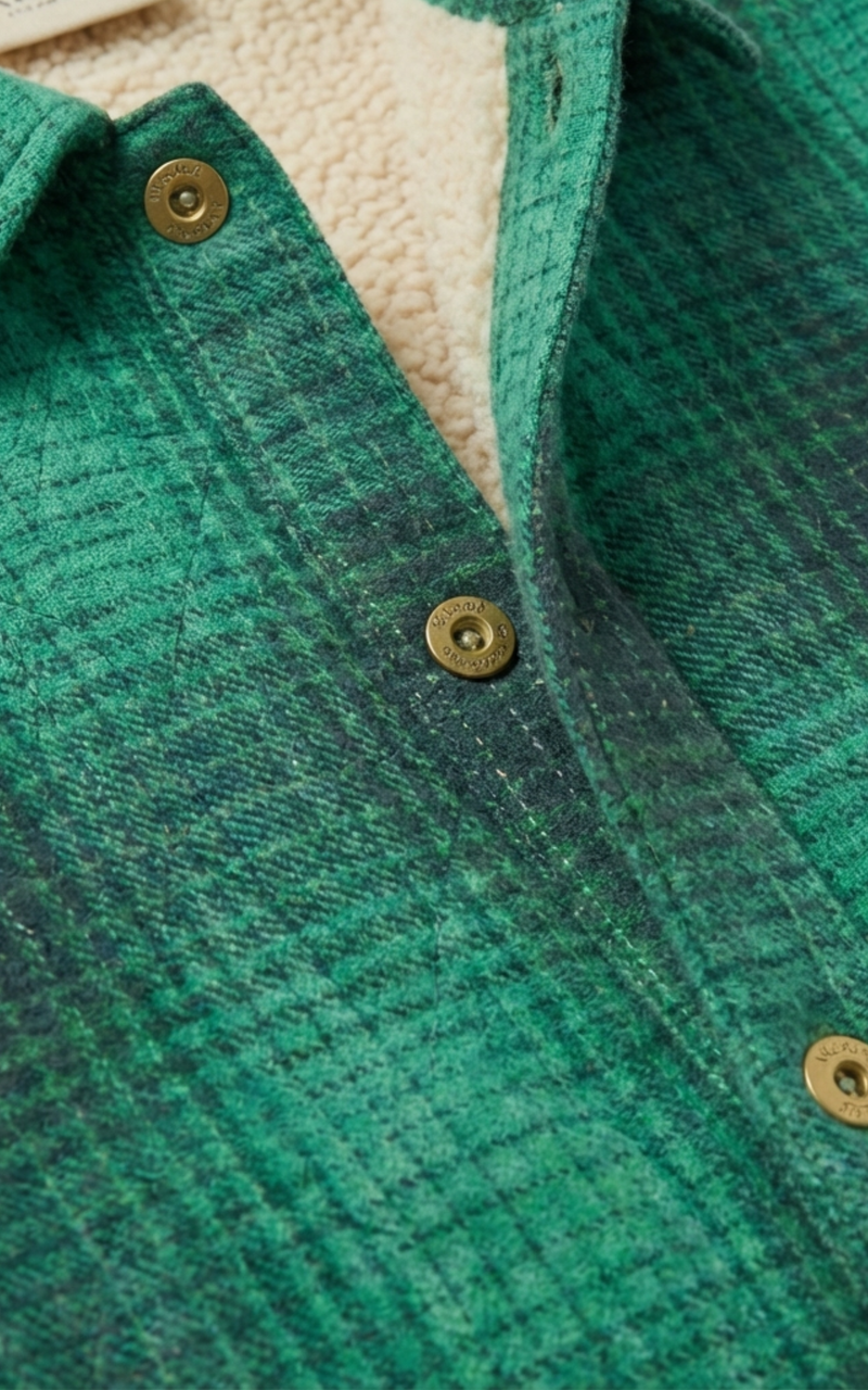 Closeup of button and sherpa lining on Boys Green Check Shacket, a childrens designer jackets pick