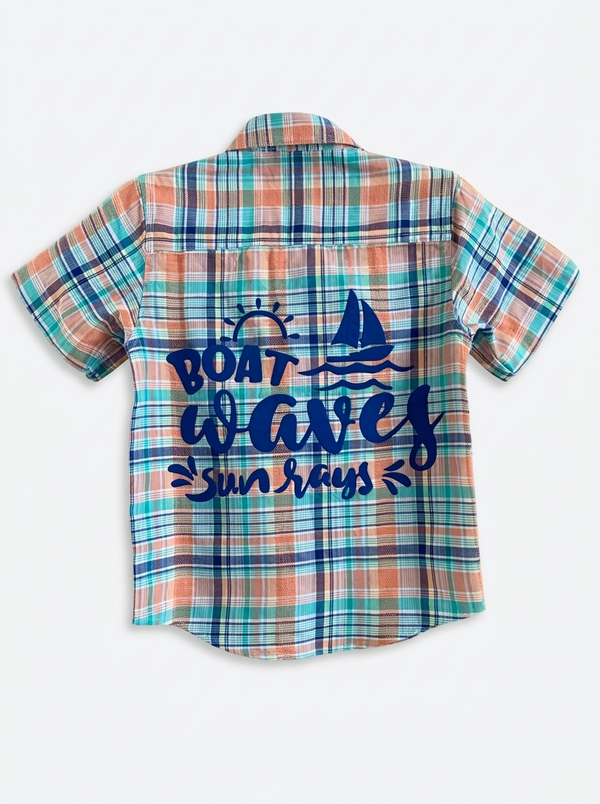 Blue & Peach Checks Boat Waves Shirt