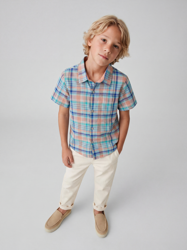 Blue & Peach Checks Boat Waves Shirt