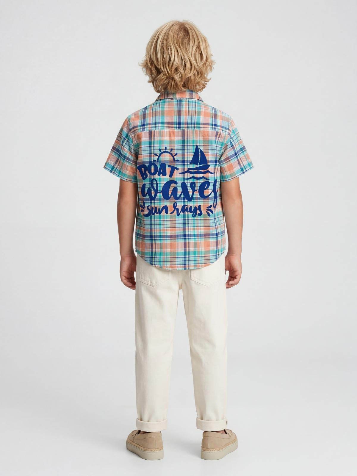 Blue & Peach Checks Boat Waves Shirt