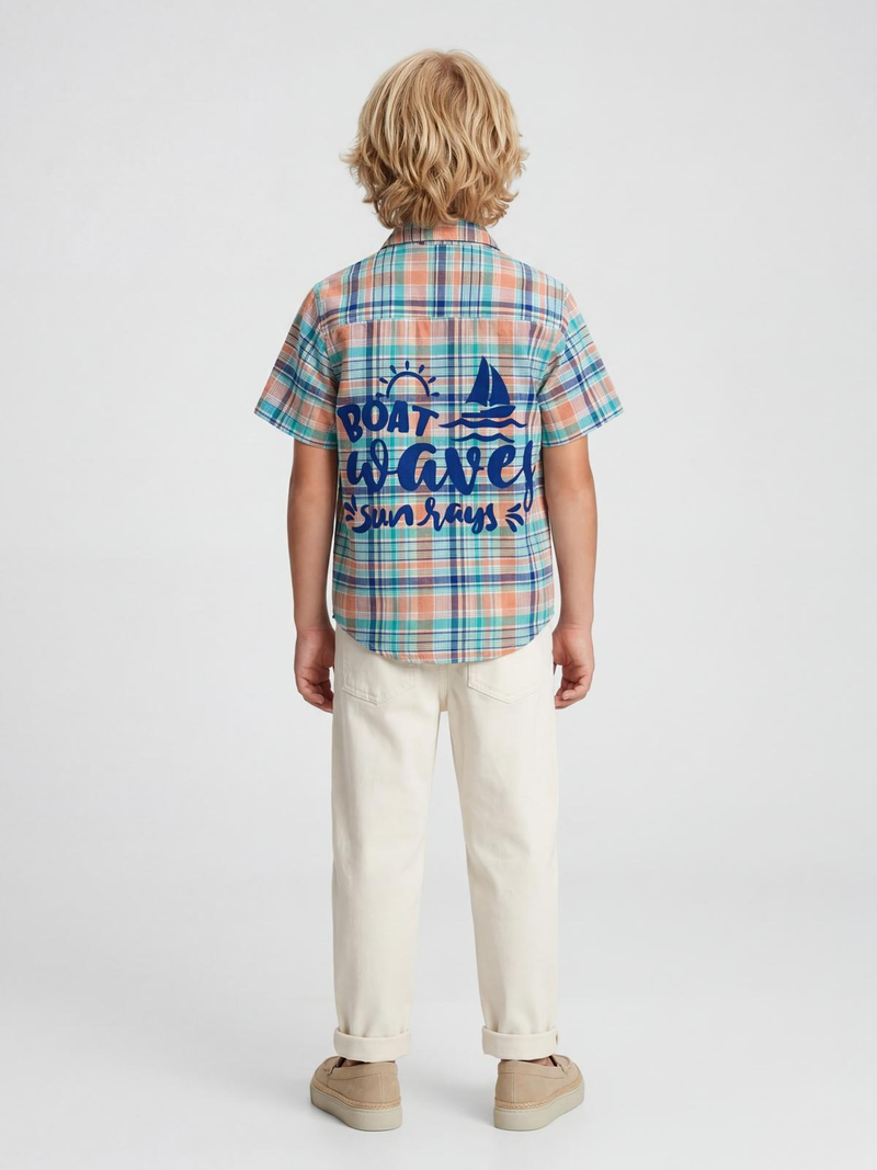 Blue & Peach Checks Boat Waves Shirt