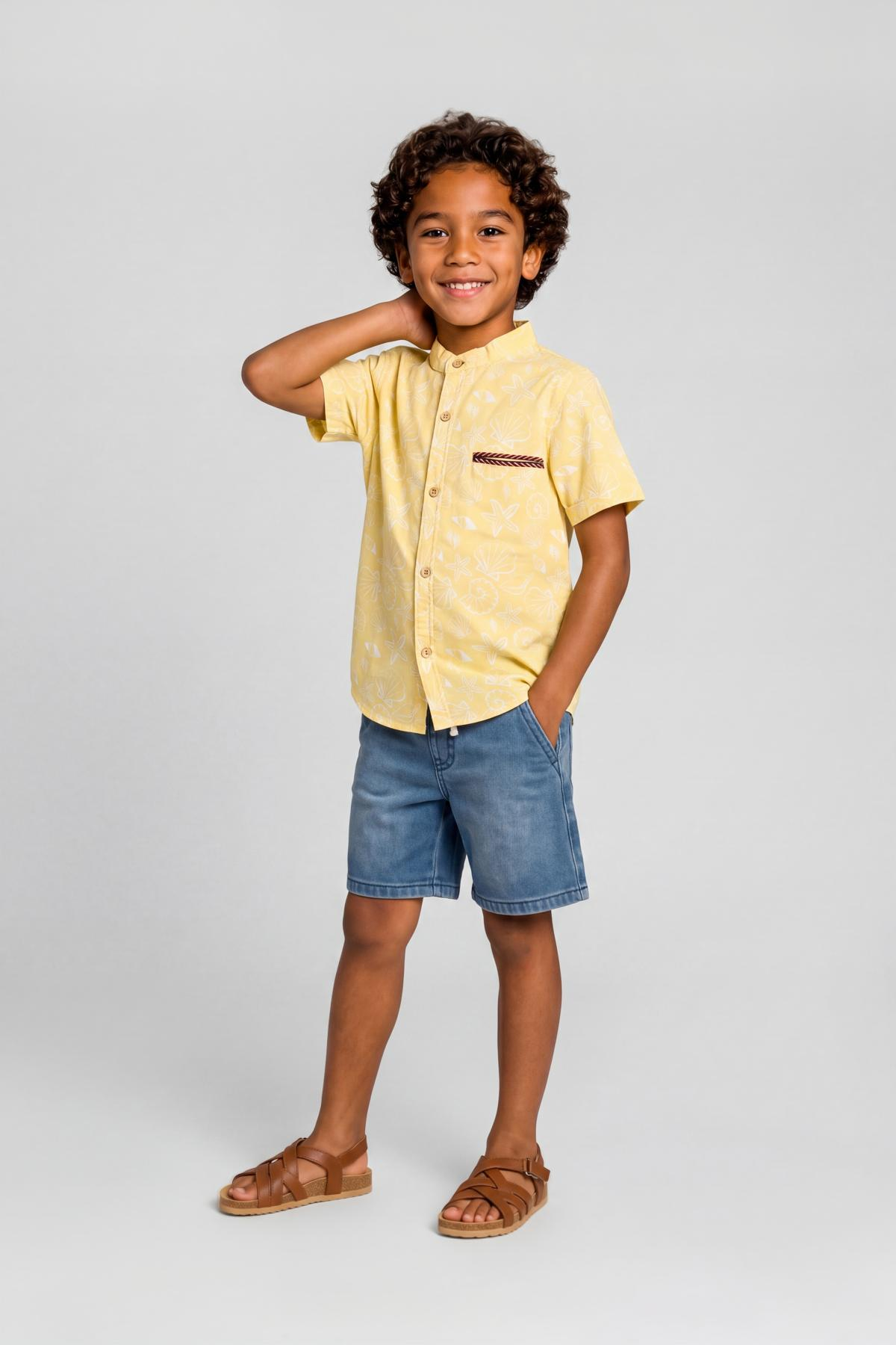 Yellow Seashell Mandarin Collar Shirt