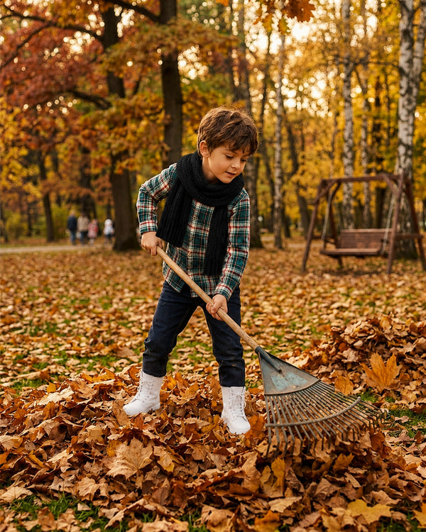 Boy raking autumn leaves in Green Red Checks Shirt, festive fall outfits for boys