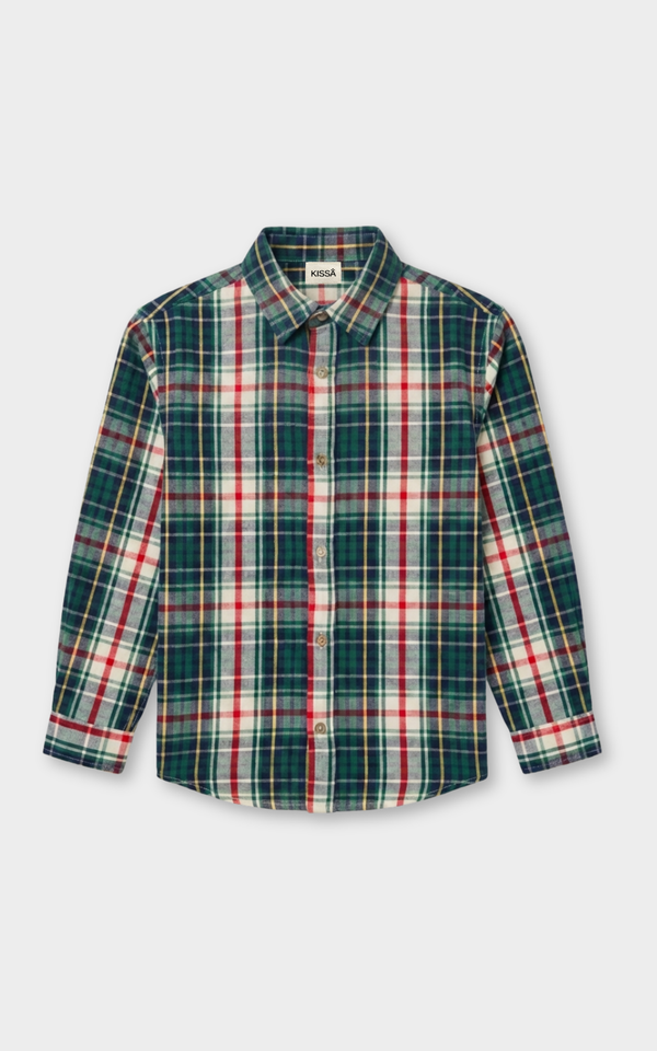 Boys Green Red Checks Full Sleeve Shirt front flat lay, part of Kissa's cotton shirts for boys
