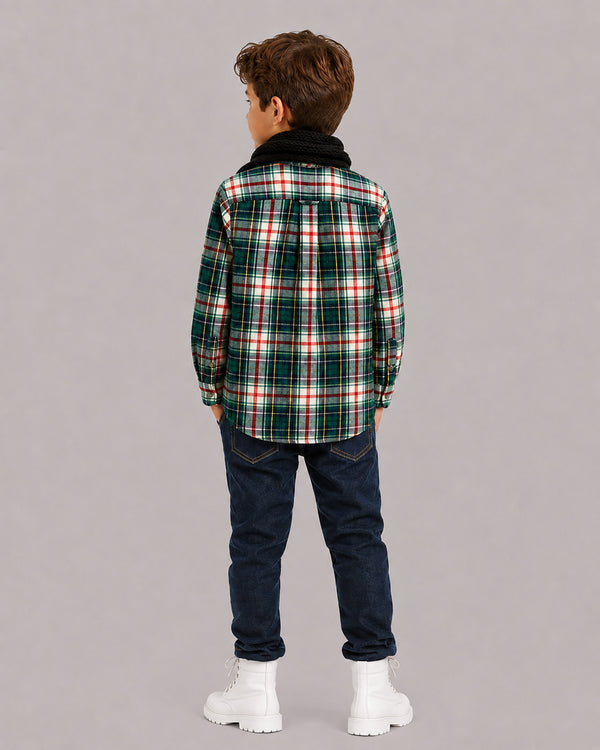 Boy in black scarf wearing Green Red Checks Shirt, back view, Kissa boys clothing collection