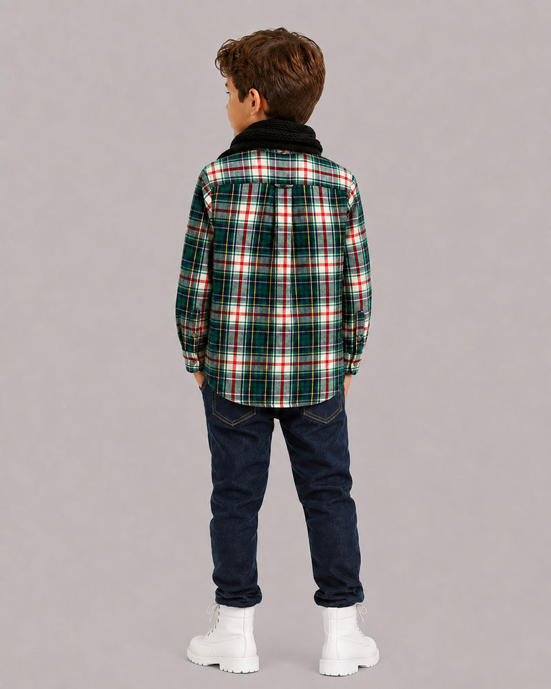 Boy in black scarf wearing Green Red Checks Shirt, back view, Kissa boys clothing collection