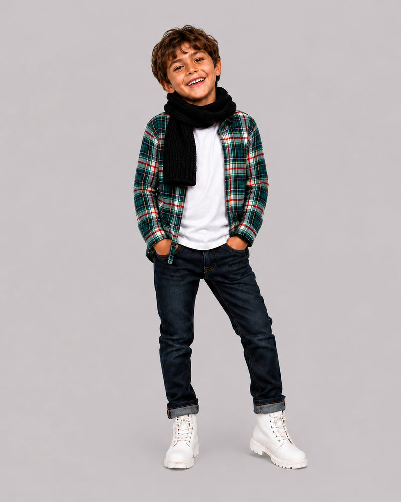 Smiling boy in scarf wearing Green Red Checks Full Sleeve Shirt, from Kissa's boys shirts line