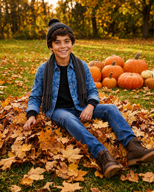 Boy in Denim Camo Shirt sitting by pumpkins in autumn leaves, cozy fall outfits for boys