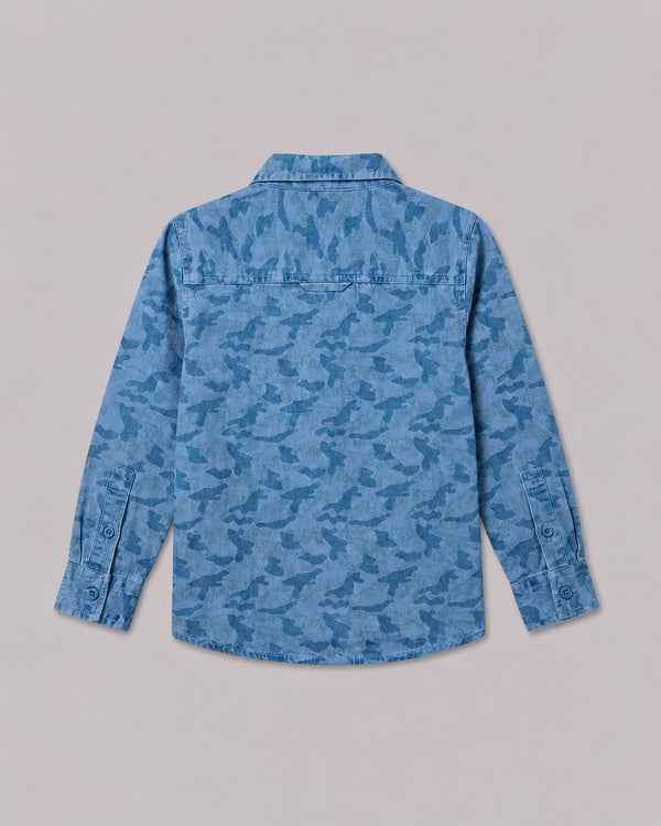 Boys Denim Camo Full Sleeve Shirt back flat lay, part of Kissa's shirts for boys range